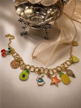 Gold Link Charm Bracelet with Colorful Fruit & Star Charms